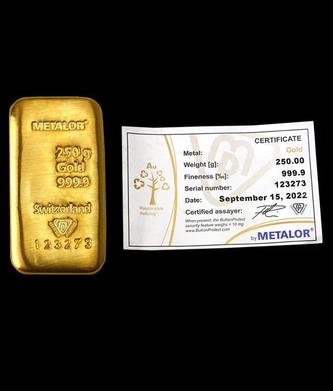 Ingot Gold Bullion Bar 250g (999.9 Fine Gold)